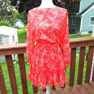 Flying Tomato red with light tan designs long sleeves and ruffled bottom M